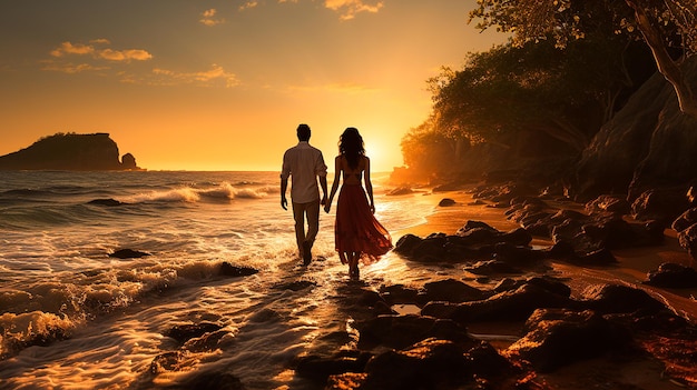Um casal a interagir um com o outro na praia durante o pôr-do-sol gerado pela IA