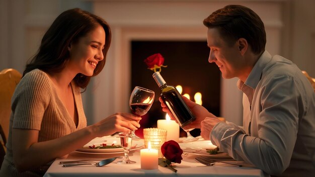 Um casal a jantar com um copo de vinho na mesa.