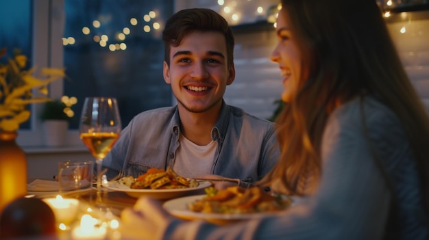 Um casal a jantar em casa.