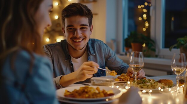 Foto um casal a jantar em casa.