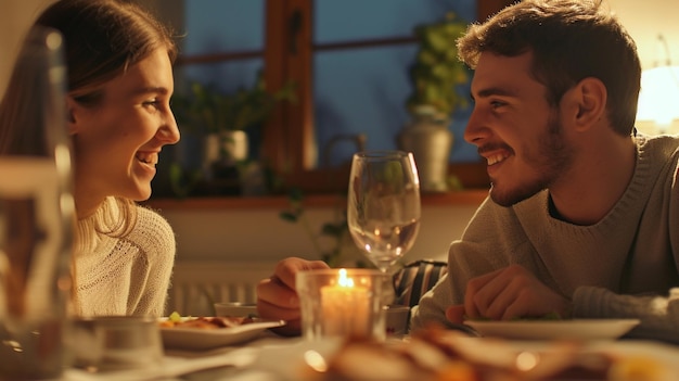 Foto um casal a jantar em casa.