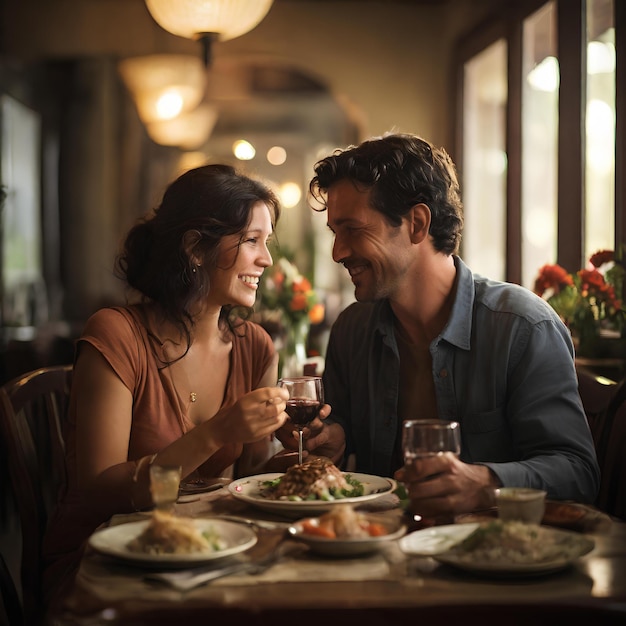 Foto um casal a jantar juntos imortalizado através da lente de uma câmara.