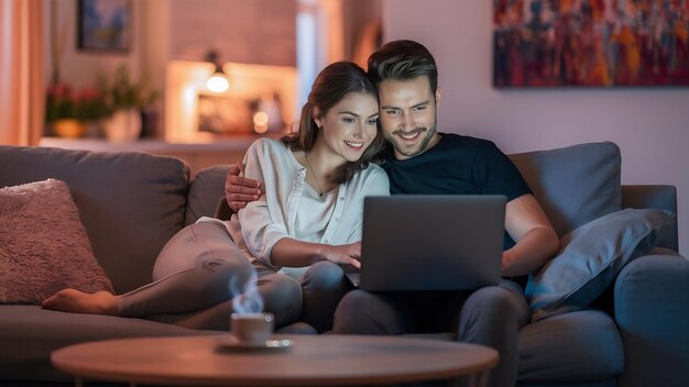 Um casal a relaxar com um portátil no sofá.