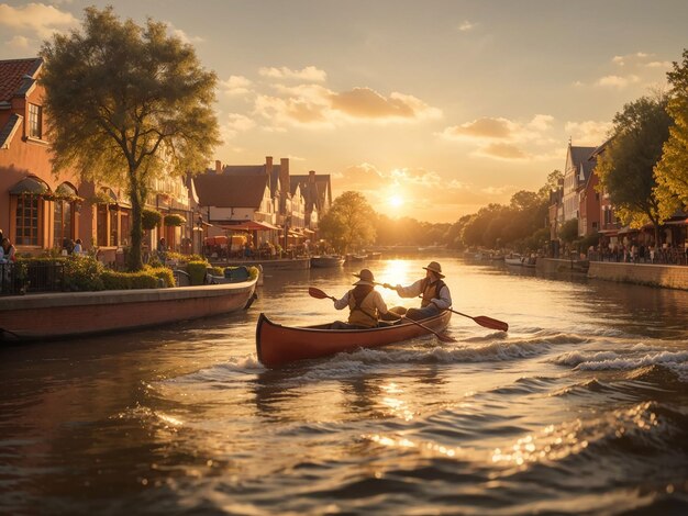 Foto um casal a remar um barco num canal ao pôr-do-sol no parque