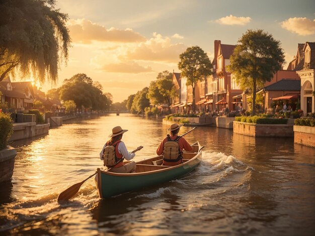 Foto um casal a remar um barco num canal ao pôr-do-sol no parque