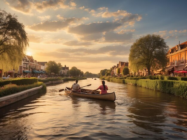 Um casal a remar um barco num canal ao pôr-do-sol no parque