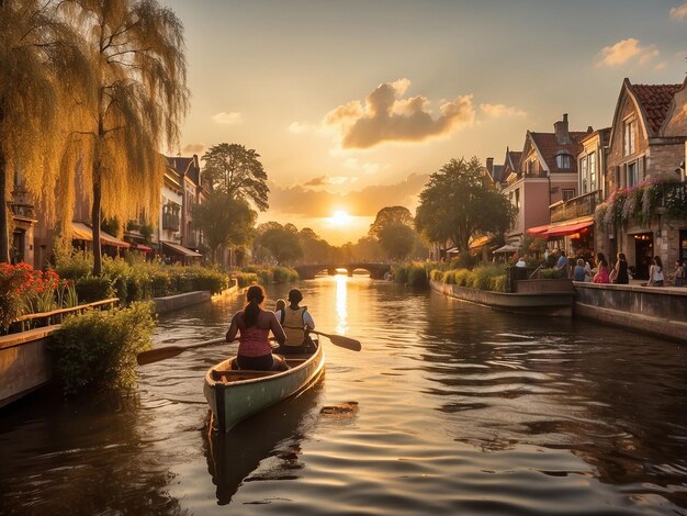 Um casal a remar um barco num canal ao pôr-do-sol no parque