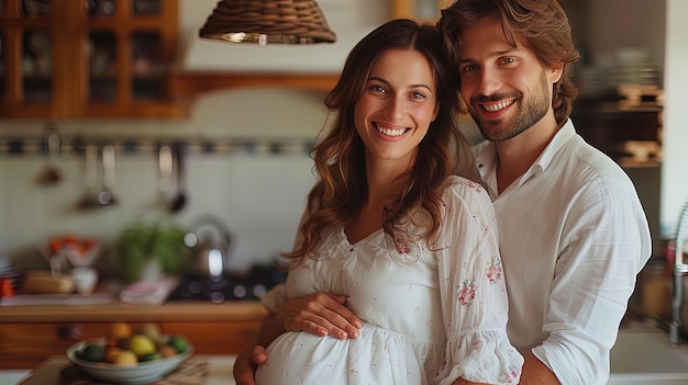 Um casal a rir juntos enquanto preparam a sua dose diária de vitaminas pré-natal encontrando alegria e