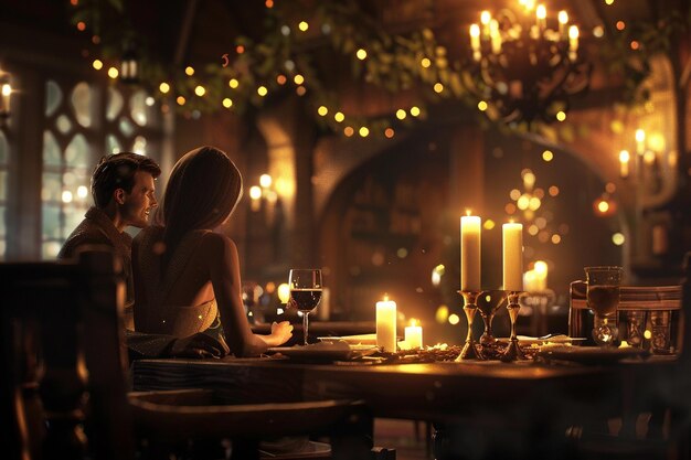 Foto um casal a ter um jantar romântico à luz de velas.