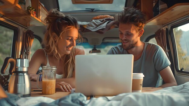 Foto um casal a tomar o pequeno-almoço com um café e um sumo na carrinha do campista a olhar para o portátil