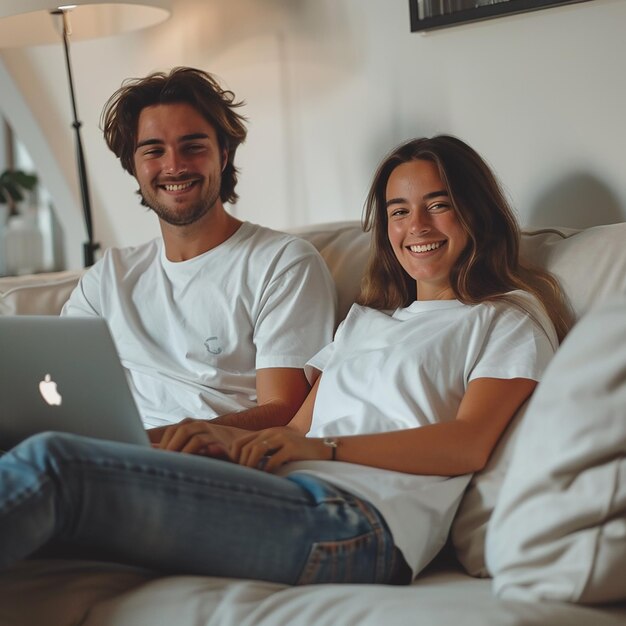 Foto um casal a usar um portátil em casa.