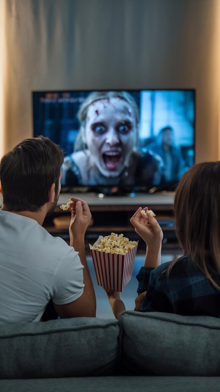 Foto um casal a ver um filme de terror na televisão e a comer pipocas a ter medo e a ter medo de vê-lo.