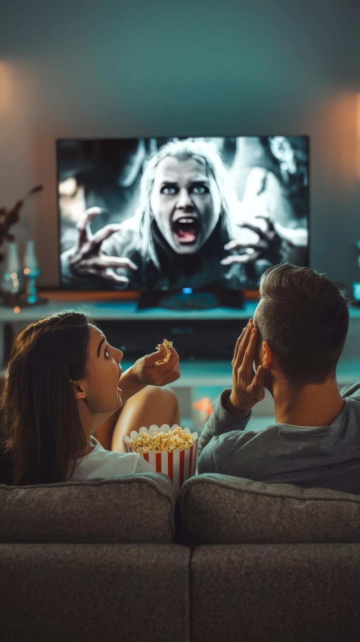 Foto um casal a ver um filme de terror na televisão e a comer pipocas a ter medo e a ter medo de vê-lo.
