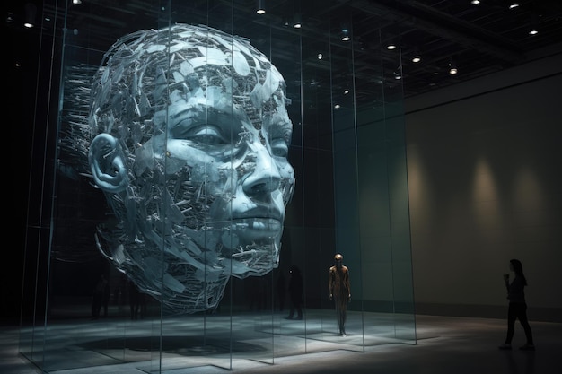 Um casal admirando uma impressionante escultura de vidro em uma exposição de arte contemporânea Human Kind de Refik Anadol AI Generated