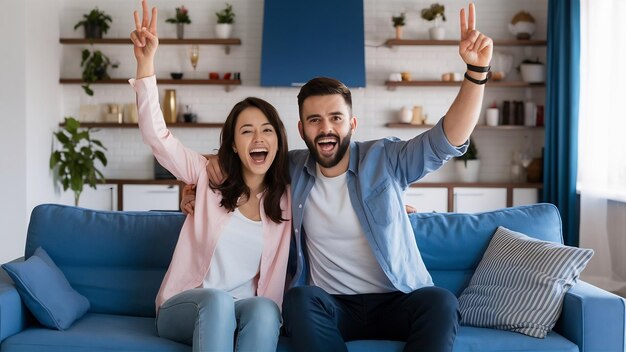 Foto um casal adorável sente-se muito extasiado com a sua recente compra de uma nova casa, o que os faz sentir bem.