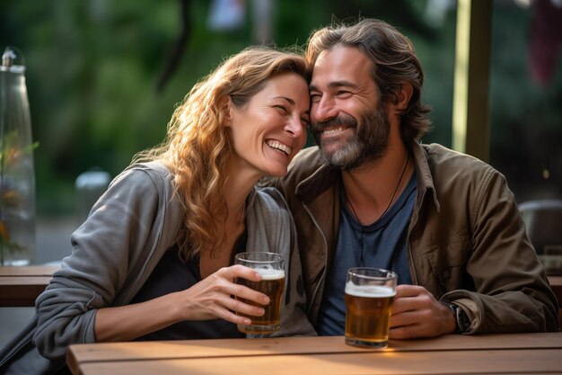 Um casal adulto a beber cerveja ao ar livre