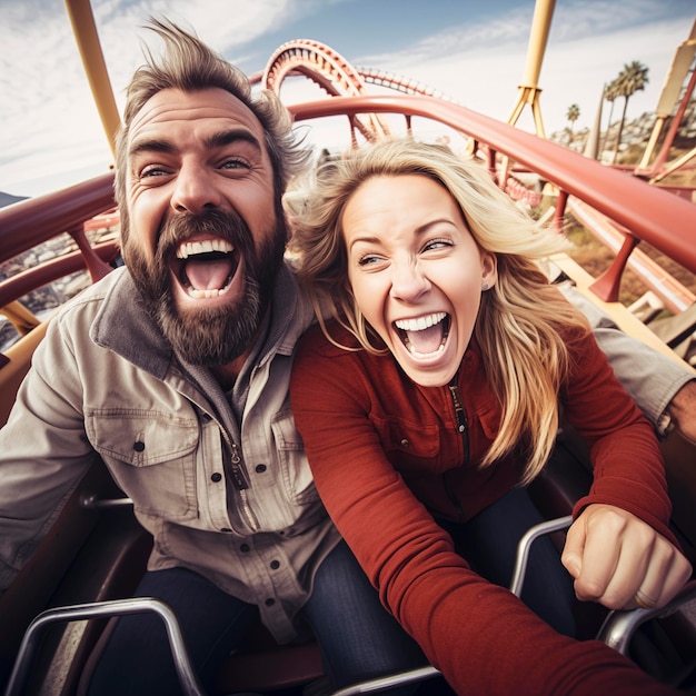 Um casal adulto se diverte juntos andando de montanha-russa no Luna Park durante feriados ou férias festivos Os jovens se divertem e riem muito no parque de diversões temático Felicidade lazer ao ar livre