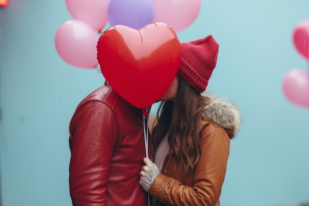 Foto um casal afetuoso a cobrir o rosto com um beijo de balão.