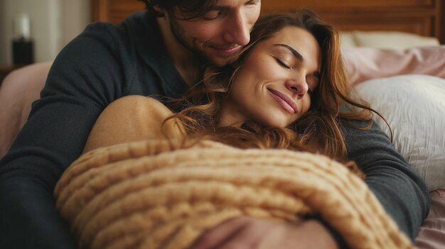 Um casal afetuoso abraçando-se na cama compartilhando um momento terno e íntimo de intimidade e amor