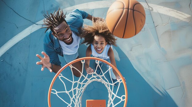 Um casal afro-americano alegre a jogar basquetebol juntos no parque infantil.