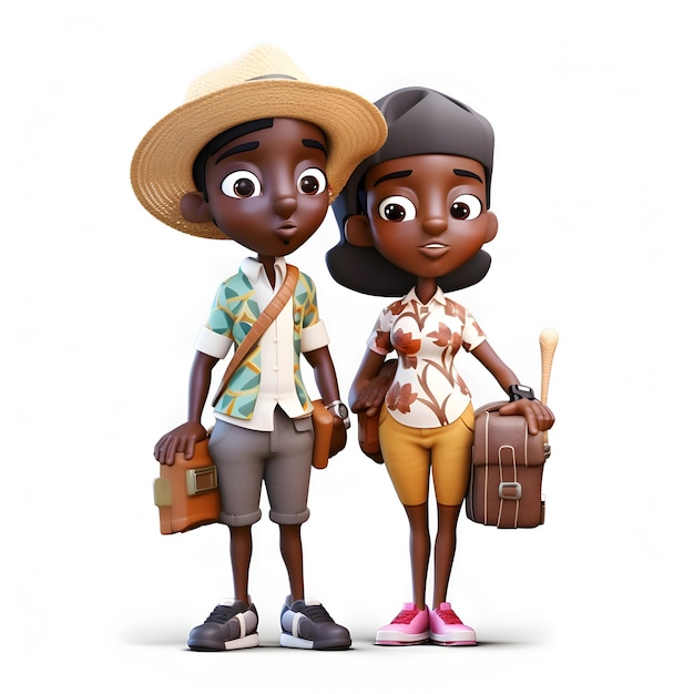 Um casal afro-americano bonito com uma mala no fundo branco