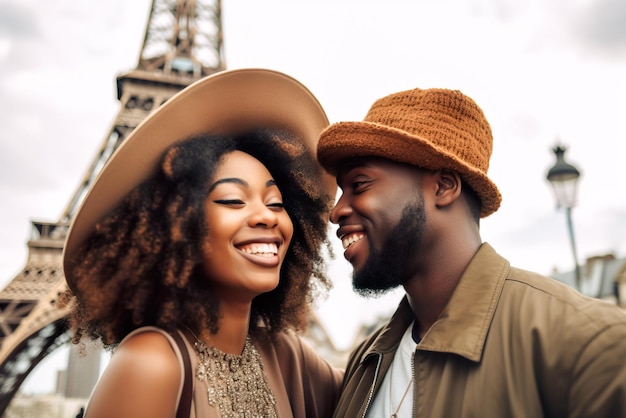 Um casal afro-americano feliz em Paris, França, olhando um para o outro e sorrindo.