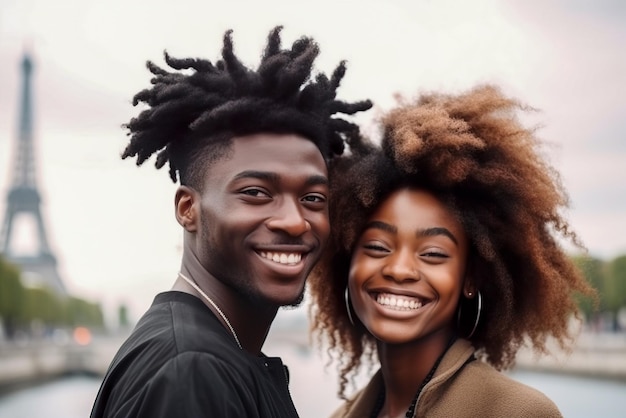 Um casal afro-americano feliz em Paris, França, olhando um para o outro e sorrindo.