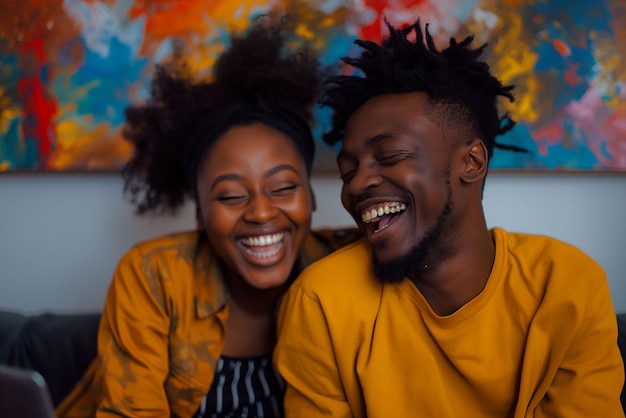 Um casal afro-americano sorridente desfrutando de compras on-line juntos em casa