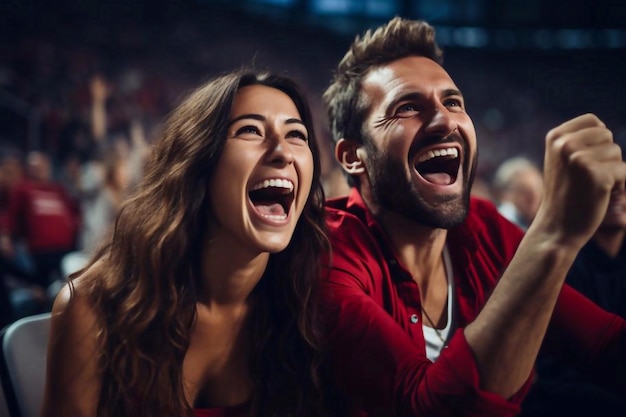 Um casal alegre aplaudindo em uma partida de futebol ao vivo Um grupo de pessoas no estádio aplaudindo