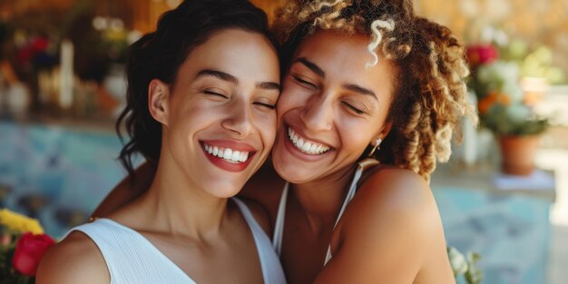 Foto um casal alegre celebra sua recepção de casamento do mesmo sexo em altos espíritos