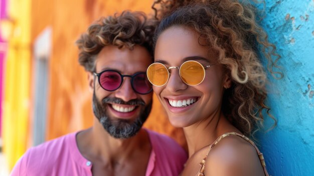 Um casal alegre com óculos de sol coloridos