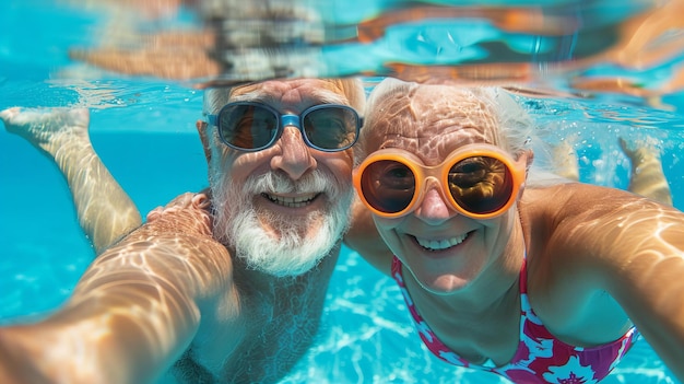 Um casal alegre de idosos com óculos fazendo um mergulho na piscina