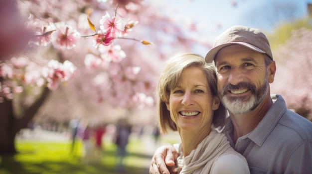 Um casal alegre de meia-idade cercado por flores cor-de-rosa da primavera compartilhando um momento