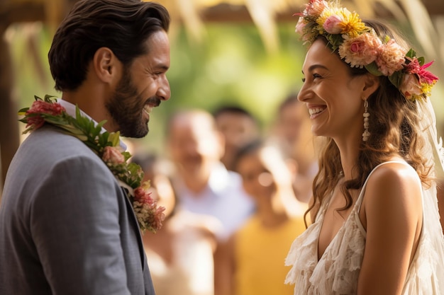 Foto um casal alegre em uma cerimônia de casamento tropical