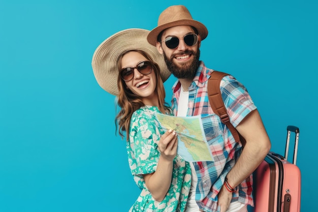 Foto um casal alegre equipado com um mapa e uma mala antecipa suas férias contra um fundo azul que incorpora o espírito de viagens de verão viagens de férias aventura de exploração e estilo de vida