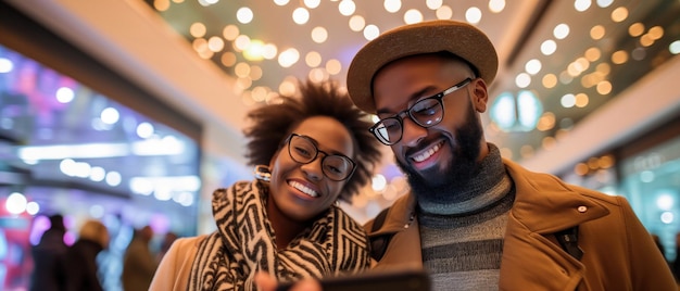 Um casal alegre navegando e fazendo compras juntos num movimentado centro comercial