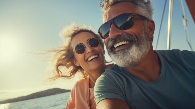 Um casal alegre navegando para o pôr-do-sol