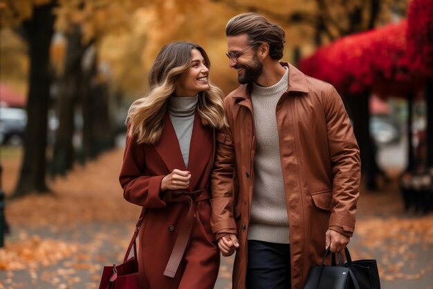 Um casal alegre passeando pelo Parque do Outono com sacos de compras Inteligência Artificial Gerativa