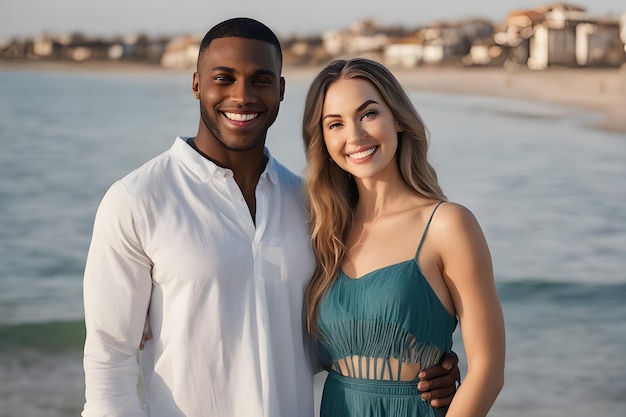 Um casal amoroso interracial um homem afro-americano e uma mulher europeia na praia