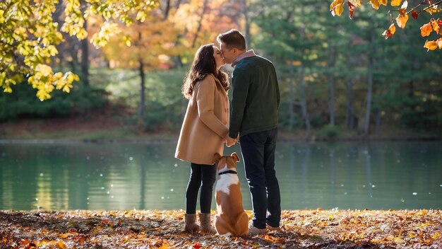 Um casal amoroso no parque de outono com um cão está quase se beijando perto do lago