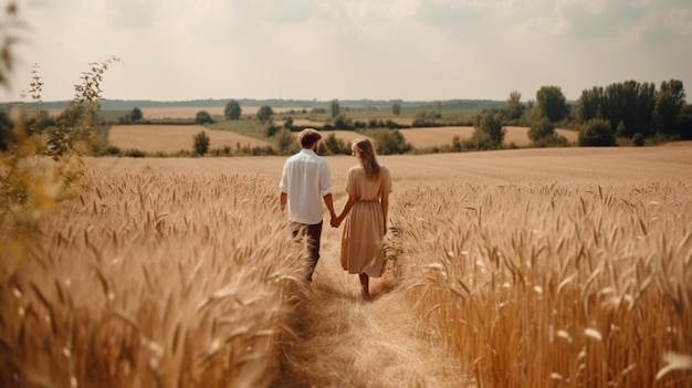 Um casal andando em um campo de trigo