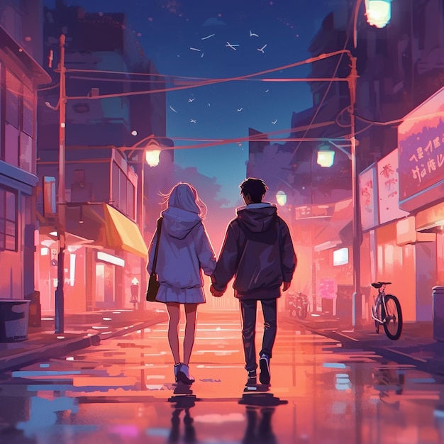 Um casal andando por uma rua com as palavras quot love quot na parte inferior