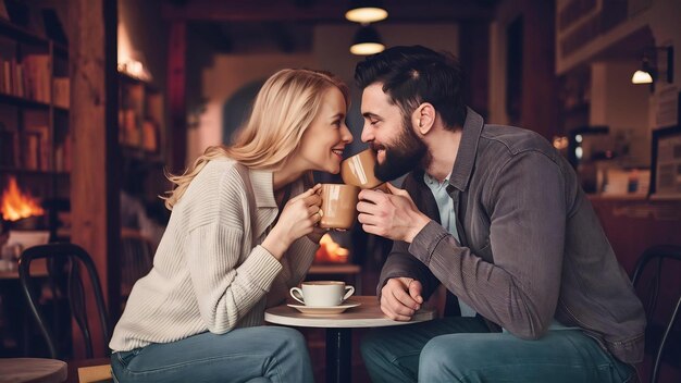 Foto um casal apaixonado a beber café numa cafeteria.