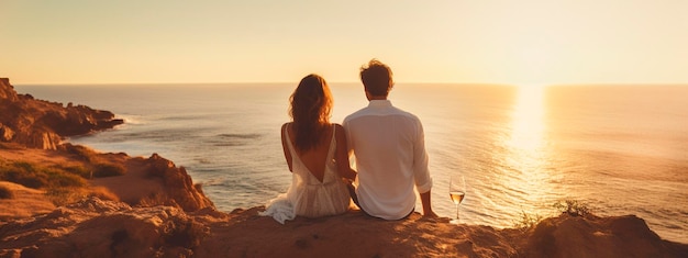 Um casal apaixonado a beber vinho na praia.