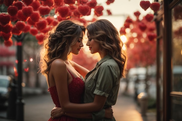 Um casal apaixonado a beijar-se com uma janela panorâmica em fundo com vista para a cidade da noite. Um lugar romântico para os romanos.