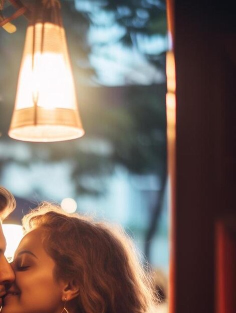 Foto um casal apaixonado a beijar-se num bar a comer iguarias locais numa excursão de viagem.