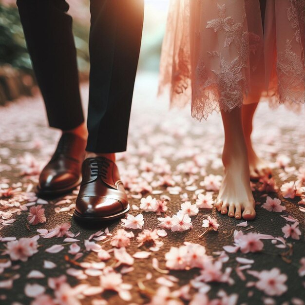 Um casal apaixonado a caminhar sobre o fundo de flores de cerejeira cor-de-rosa