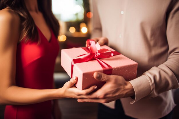 Um casal apaixonado a celebrar um encontro especial. Uma mulher sorridente a cobrir os olhos do namorado a surpreendê-lo.