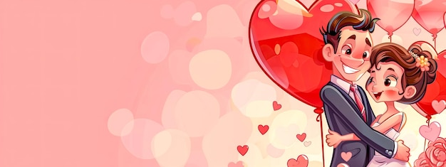 Um casal apaixonado abraça-se com balões de coração em fundo rosa
