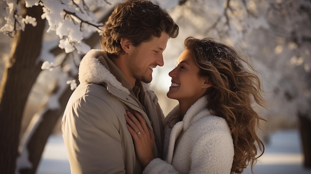 Foto um casal apaixonado abraçando-se numa paisagem de inverno nevada